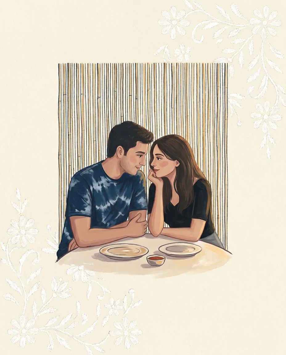 Anshika and Arjit leaning toward each other across a café table, mid-conversation.