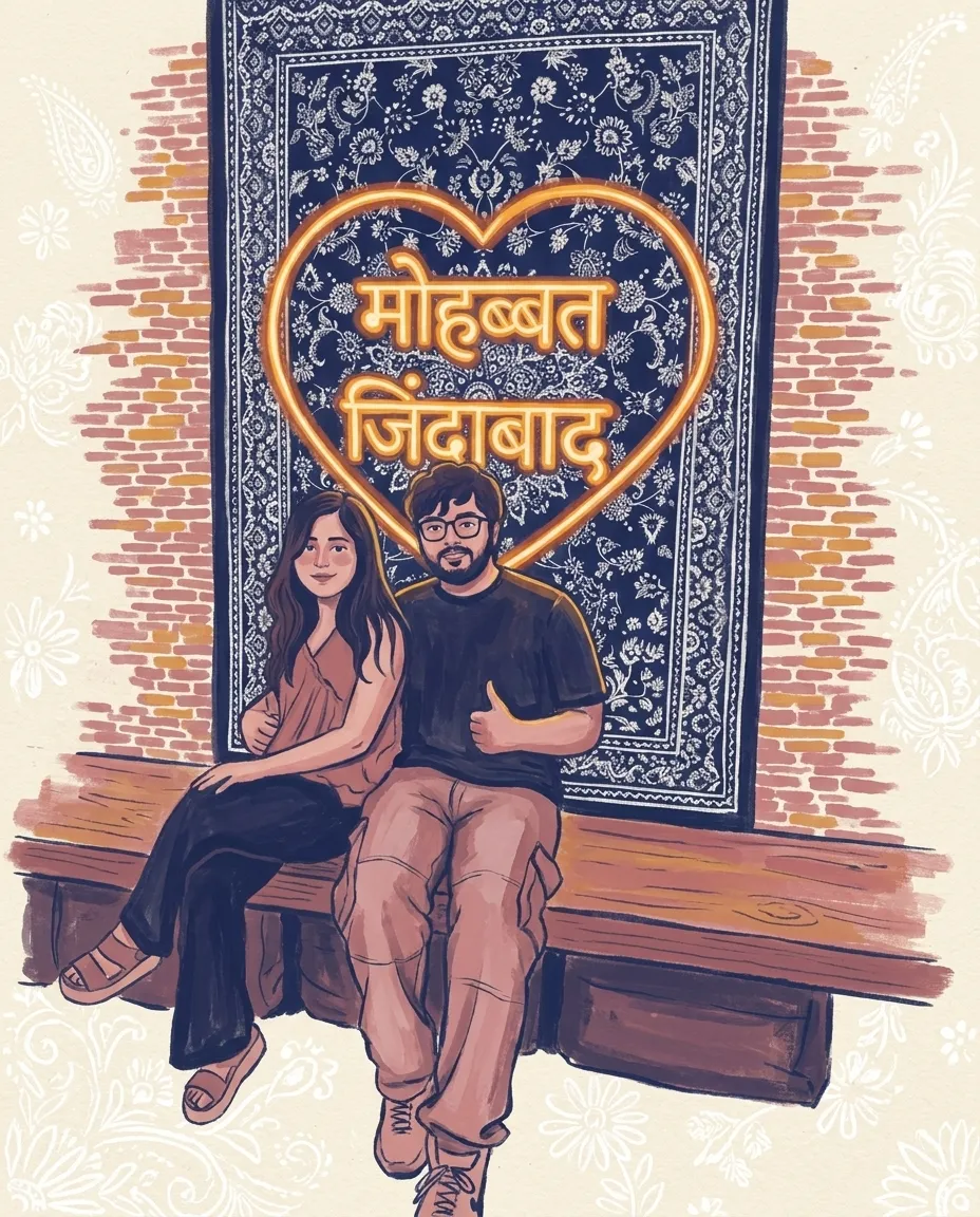 Anshika and Arjit on a bench beneath a neon heart reading मोहब्बत ज़िंदाबाद.
