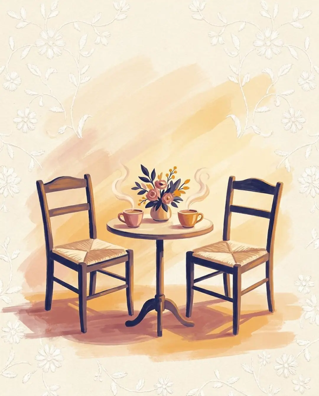 Two empty chairs at a café table. Anshika and Arjit walk in from either side, sit down across from each other, and lean in to talk.