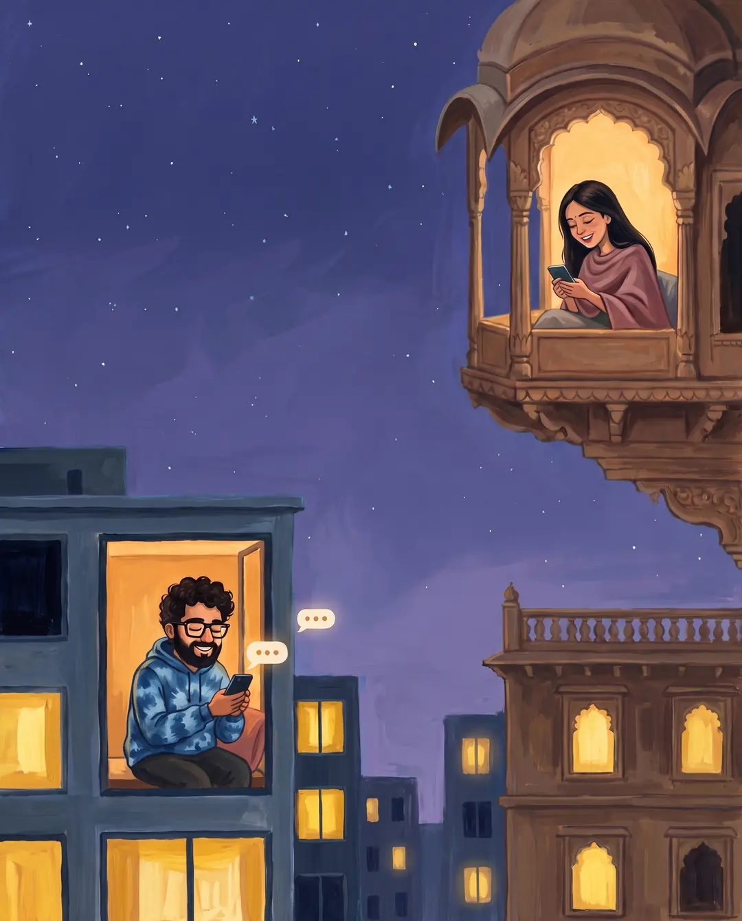 Arjit and Anshika at two lit windows across a sleeping city at 2 a.m., laughing at their phones as chat bubbles cross the night sky between them.