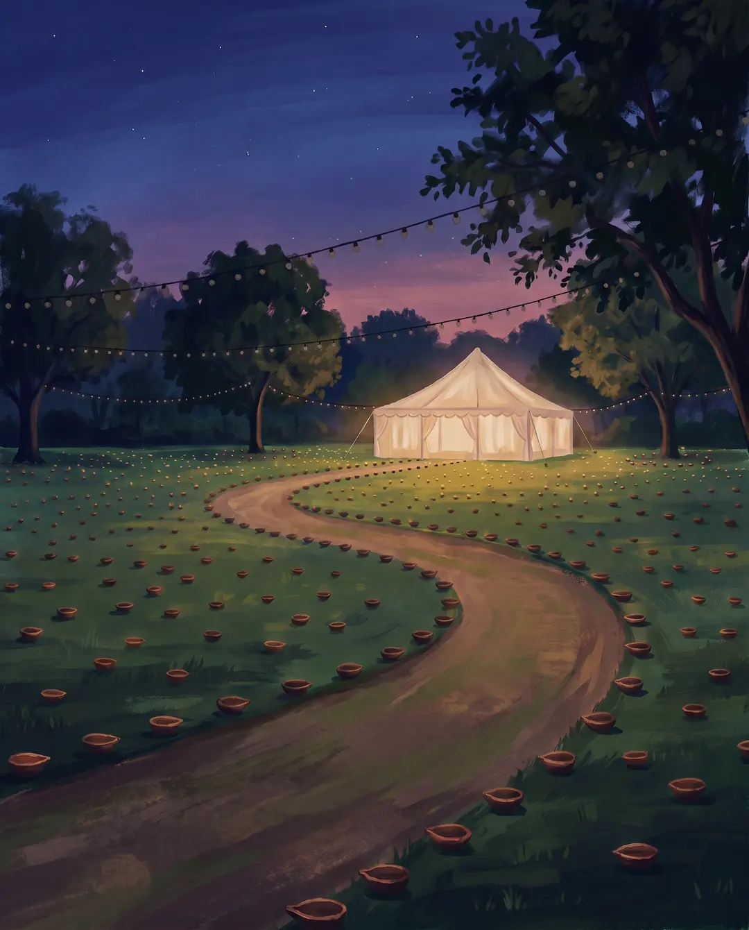 The banquet lawn at blue hour; clay diyas along the path light one by one toward the glowing marquee.