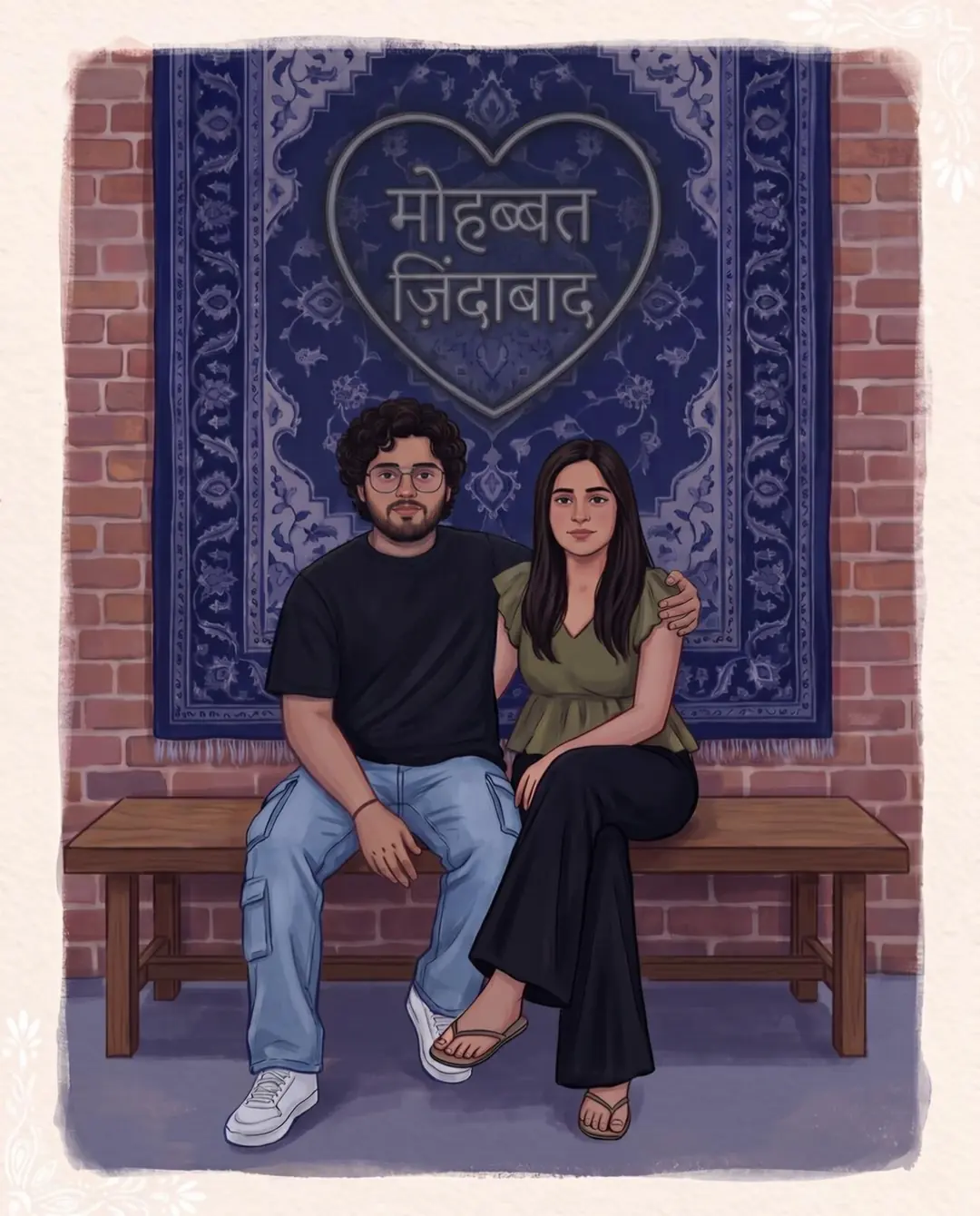 Anshika and Arjit on a bench beneath a neon heart reading मोहब्बत ज़िंदाबाद.