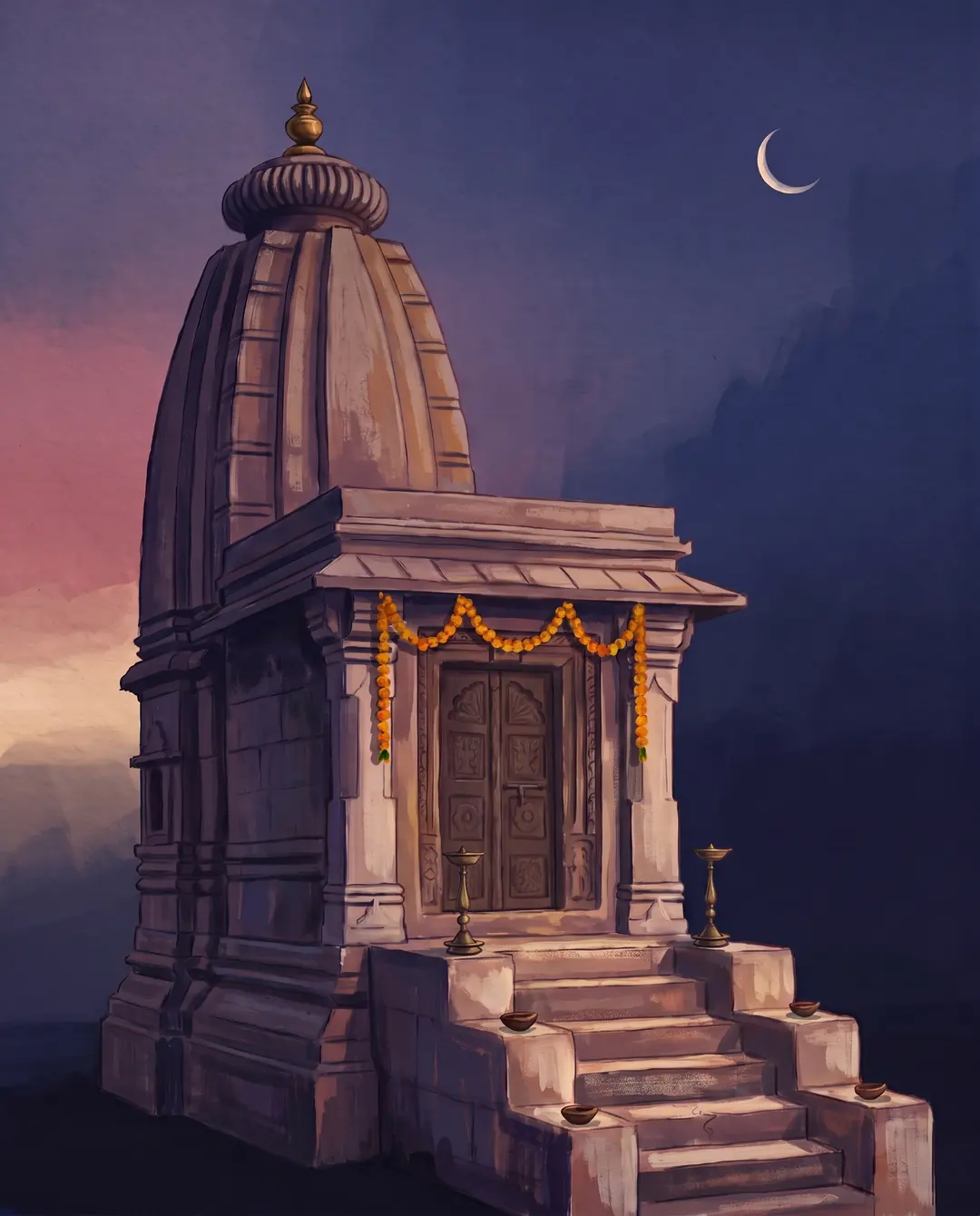 A small stone temple at dusk; its carved doors open, golden light spills down the steps and the lamps are lit.